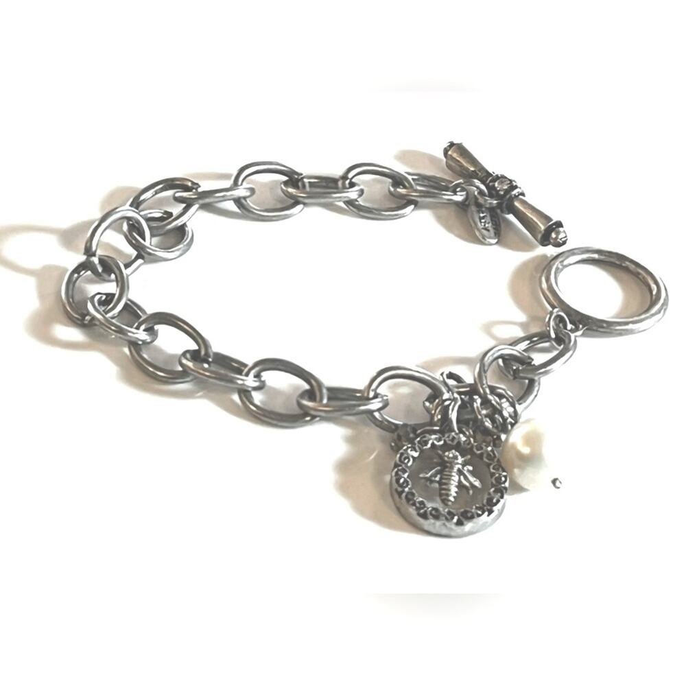 NEW Marlyn Schiff CHARM BRACELET Silver Honey Bee Pearl Facetet Crystal Beads 7” - Picture 2 of 4